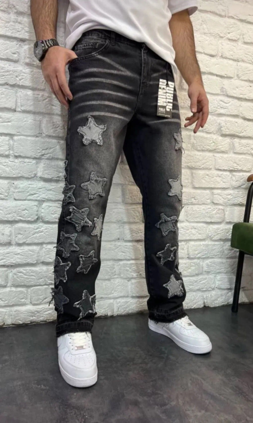 Jean noir effet délavé "étoiles "