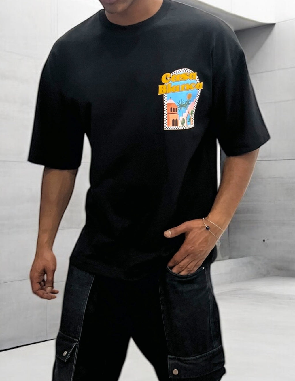 T-shirt oversize noir “Morocco” – Illustration artistique Marrakech OFF THE SYSTEM