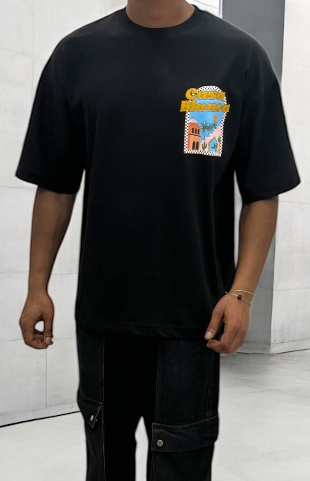 T-shirt oversize noir “Morocco” – Illustration artistique Marrakech OFF THE SYSTEM
