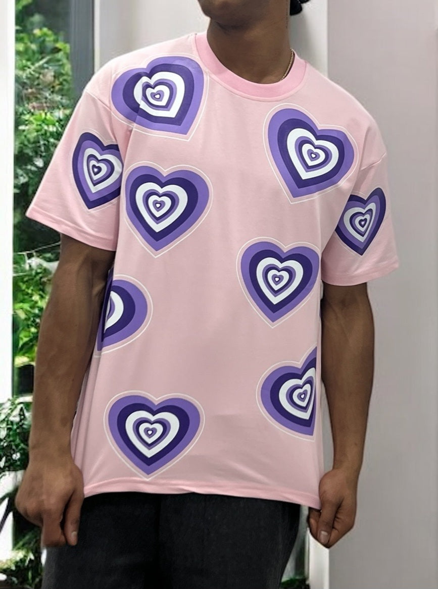 T-shirt oversize rose imprimé cœur violet – Unisexe streetwear tendance Y2K