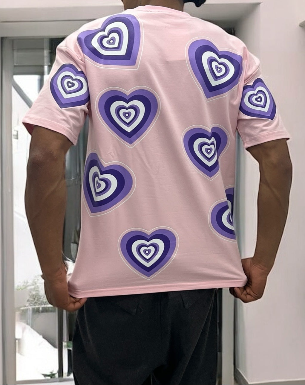 T-shirt oversize rose imprimé cœur violet – Unisexe streetwear tendance Y2K