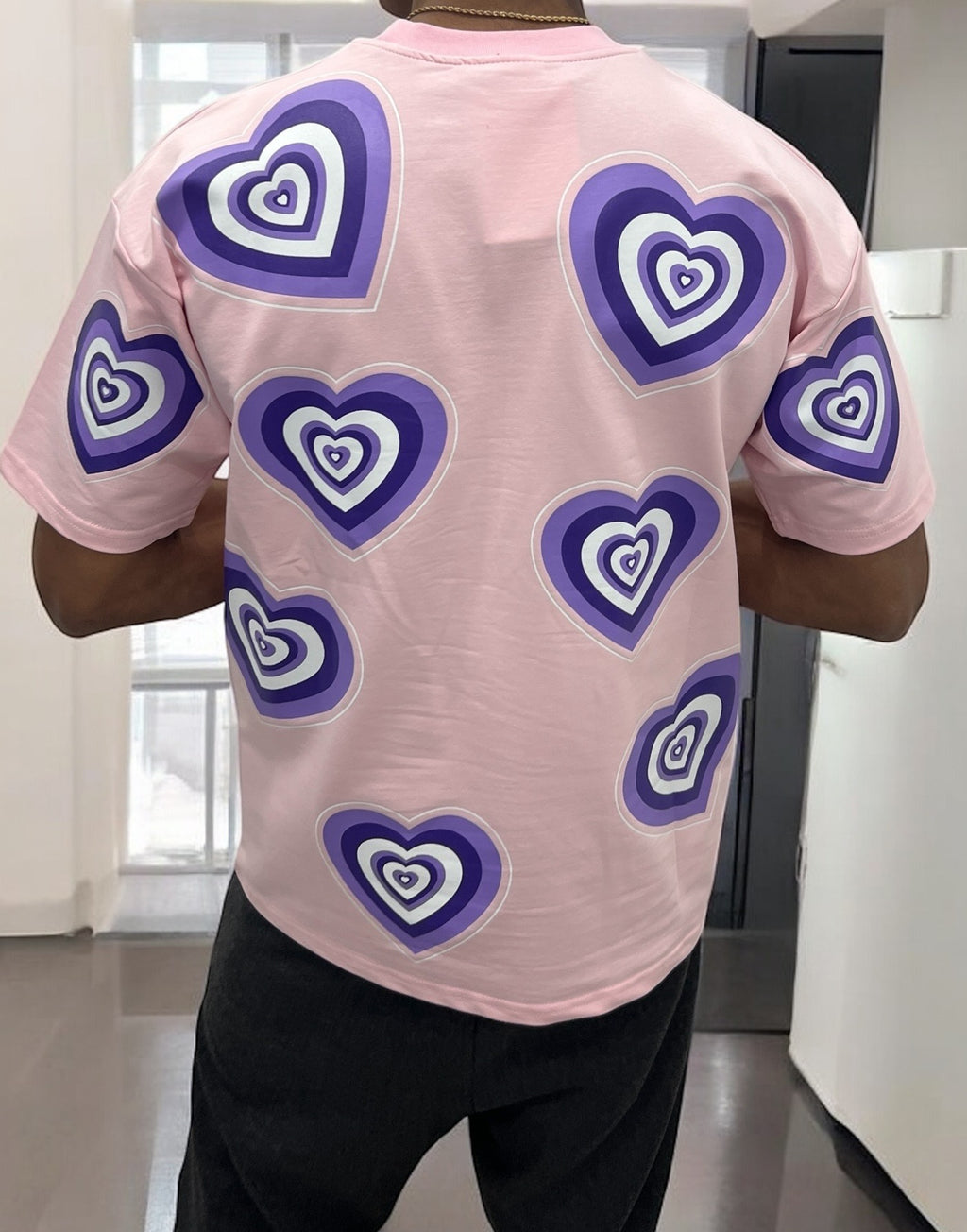 T-shirt oversize rose imprimé cœur violet – Unisexe streetwear tendance Y2K