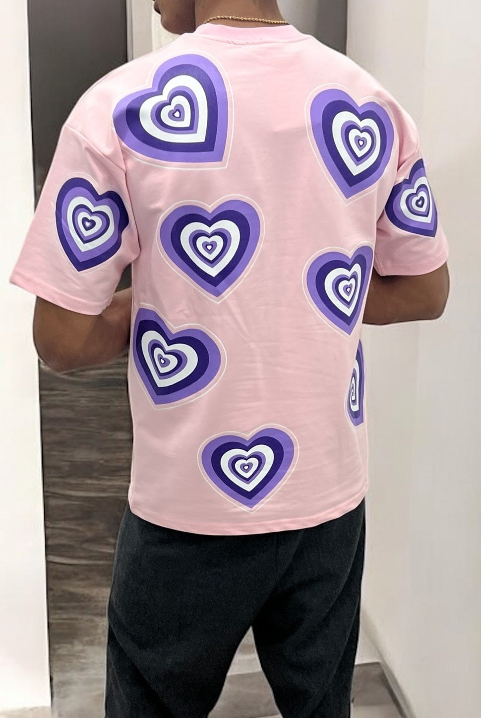 T-shirt oversize rose imprimé cœur violet – Unisexe streetwear tendance Y2K