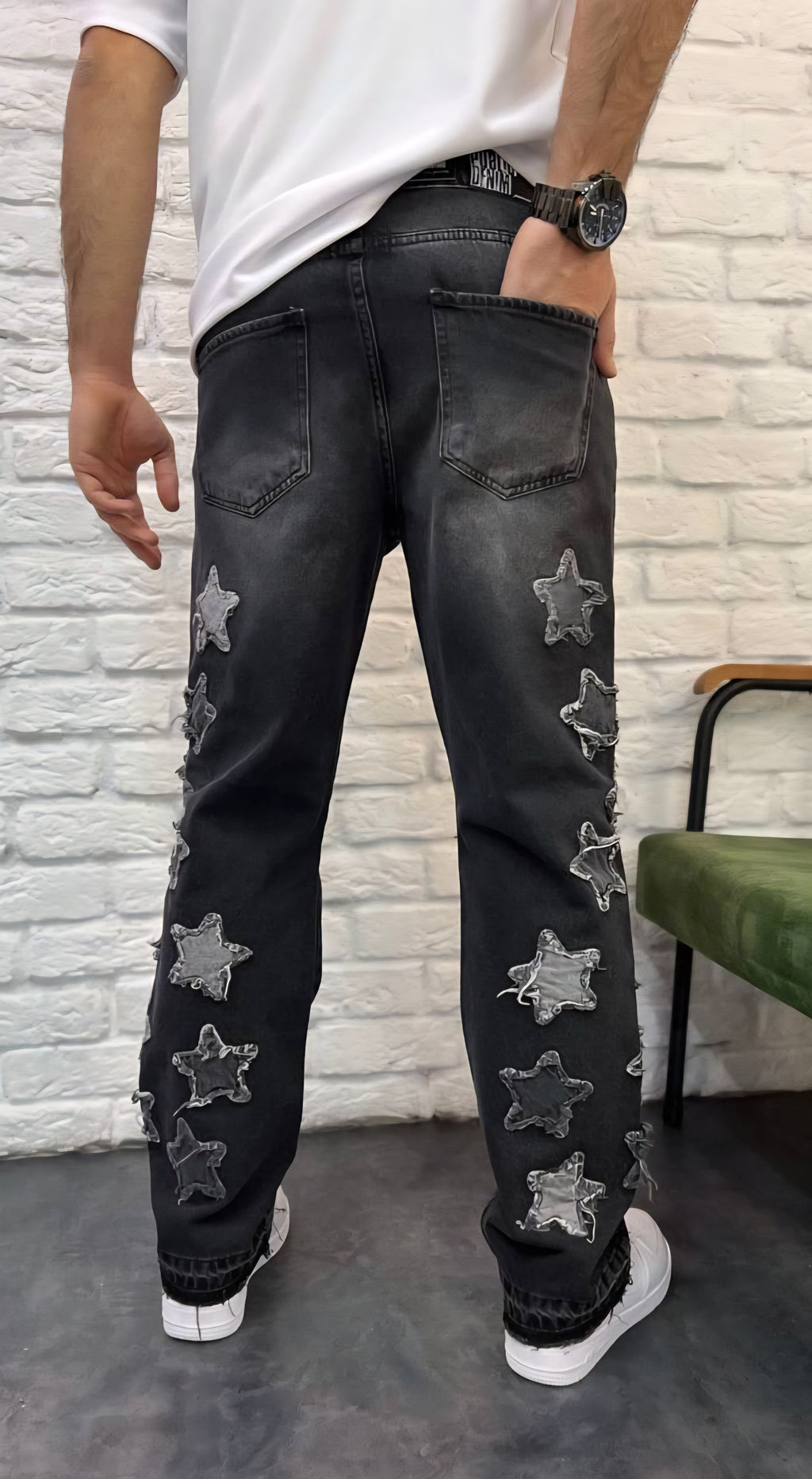 Jean noir effet délavé "étoiles "